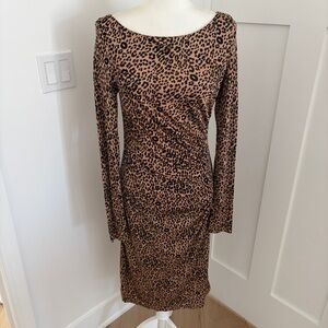 L.K. Bennett Leopard Ruched Silk Blend Midi Dress Long Sleeve Small*X6
